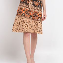 SOUNDARYA Woman Beige & Black Printed Pure Cotton Knee-Length Skirt-image-10