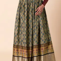INDYA Mustard Yellow Ajrakh-Printed Lehenga Flared Ethnic Skirt-picture-0