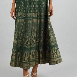 AURELIA Women Green & Gold Ethnic Printed Midi Skirt-image-12