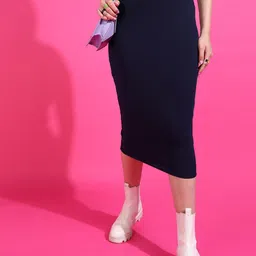 Veni Vidi Vici Navy Blue Straight Slip-On Bodycon Pencil Midi Skirt-picture-42