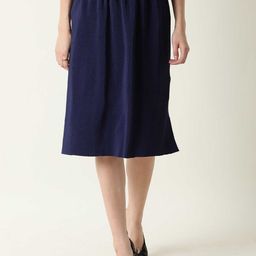 RAREISM Women Navy Blue Solid Straight Knee Length Skirt-image-12