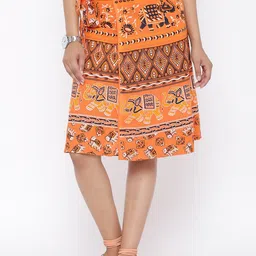 SOUNDARYA Women Orange Printed Wrap-Around Pure Cotton Knee-Length Skirt-image-114