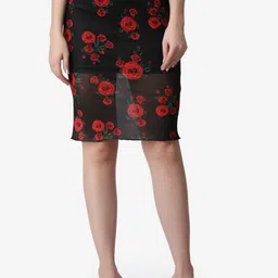 Popwings Women Black & Red Floral Printed Knee Length Pencil Skirt-image-94