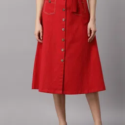 NEUDIS Women Red Cotton Twill Midi A-Line Skirt-image-64