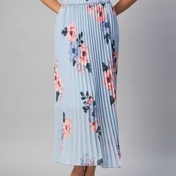 plusS  Blue & Pink Floral Printed Accordion Pleats Maxi Flared Skirt-25