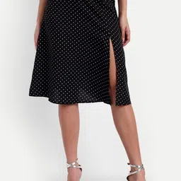 ESSQUE Polka Dot Printed Front Slit A-Line Midi Skirt-image-39