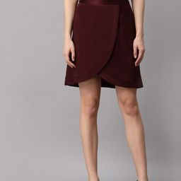 NEUDIS Women Burgundy Solid Satin Wrap Mini Skirt-image-85