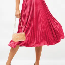 SASSAFRAS Accordion Pleated Flared A-Line Velvet Midi Skirt-picture-24