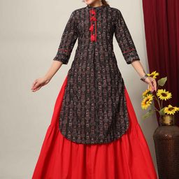 MIRAVAN Ethnic Motifs Printed Pure Cotton Kurta with Skirt-picture-21