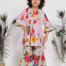 Little Bansi Girls Multicoloured Floral Printed Kurta with Sharara & With Dupatta-image-44