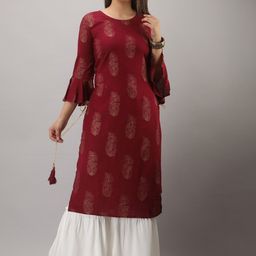 MAUKA Women Maroon Embroidered Layered Kurti with Sharara-picture-32