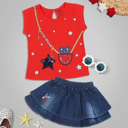 MeeMee Girls Red & Blue Embellished Top with Skirt-image-82