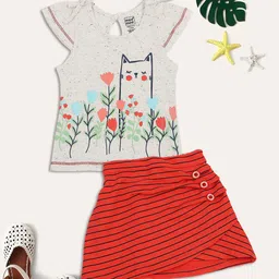 MeeMee Girls Red & White Printed Pure Cotton Top with Skirt-image-43