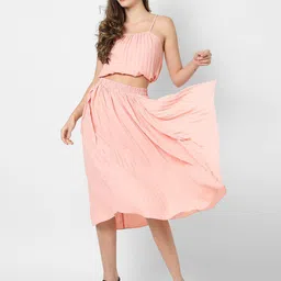 Campus Sutra Women Peach Accordion Pleated Skirt & Top Set-image-12