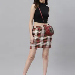 Rigo Women Red Checked Cotton Pencil Mini Skirts-image-13