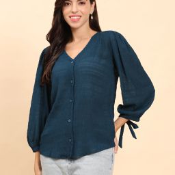 Women Regular Fit Self Design Collarless Collar Casual Shirt-7