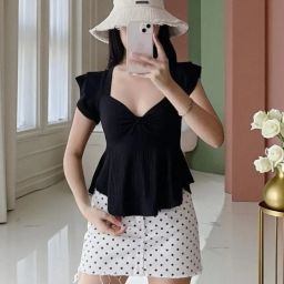 Casual Puff Sleeves Self Design Women Black Top-image-70