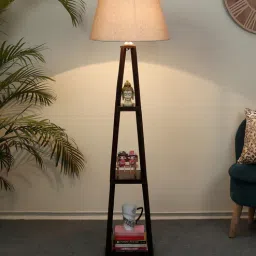 tu casa Carolie Off White Handloom Fabric with acrylic sheet Shade Shelf Floor Lamp With Mango wood Base-picture-2