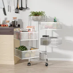 5+1 Layer Kitchen Metal Storage Rack with Wheels | Square Shape - Silver Iron Kitchen Trolley-19