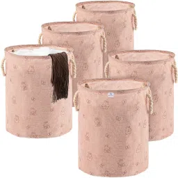 Polypropylene, Jute Pack of 5 Clothes/Storage Basket with Handles | GM-19-PNK | Rabbit Print - Pink Storage Basket-image-55