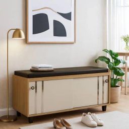 stunica Gliding Door 12- Pairs Shoe Rack With Seating In Oak And White Finish-picture-45