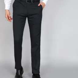 Men Slim Fit Dark Blue Polyester Trousers-image-43