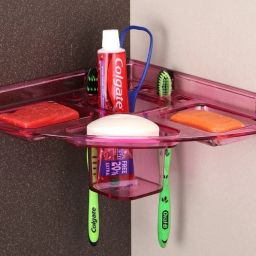 Clear pink Plastic Soap Dish with Tooth Brush Holder 5 in 1 Corner (pack of 1) Plastic Wall Shelf-3