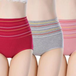 Pack of 3 High Waist Tummy Cover Ladies Brief Soft Elastic Tightly Wear Cotton Lycra Blend Women Hipster Multicolor Panty-image-65