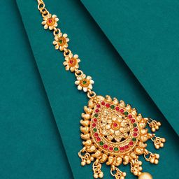 aadita Gold-Plated Red & Green Kundan Studded Maangtikka-16