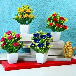 Beautiful Bonsai Multi Stylish Rose Flower Plant Set Perfect Decorative Piece| Multicolor Wild Flower Artificial Flowerwith Pot-image-2