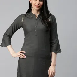HIGHLIGHT FASHION EXPORT Women Charcoal Grey Handwork Flared Sleeves Kurta-52