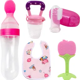 Baby Spoon feeder With Nibbler, fruit teether, Fingerbrush & bib/Appron for care Teether and Feeder-1