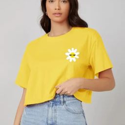 Casual Off Shoulder Sleeve Printed Women Yellow Top-image-3