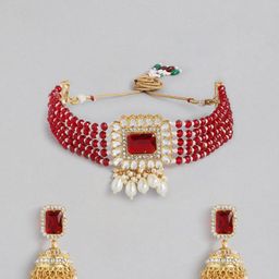 Peora Maroon Gold-Plated Kundan Pearl Studded Choker Necklace Jewellery Set image 3