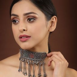 PANASH Silver-Toned & Red German Silver Oxidised Necklace-19