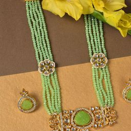 SOHI Green Gold-Plated Beaded Kundan Necklace-image-37