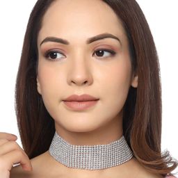 Yellow Chimes Silver-Plated & White Crystal Studded Choker Necklace-image-48