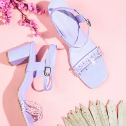 Try Me Embellished Open Toe Block Heels with Buckles-6