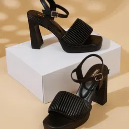Flat n Heels Textured Open Toe Block Heels-49