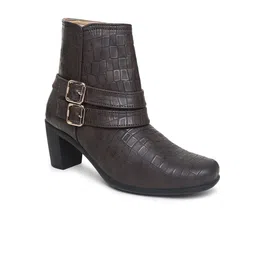 VALIOSAA Brown Textured Block Heeled Boots with Buckles-15