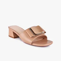 BuckleUp Women Tan Solid Block Sandals with Buckles-48