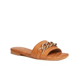 Peach Flores Textured Embellished Leather Open Toe Flats-1