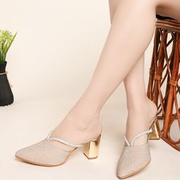 XE Looks Embellished Textured Pointed Toe Block Heel Mules-43
