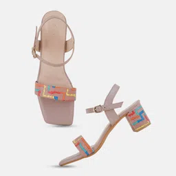 Mast & Harbour Peach Coloured Printed Open Toe Block Heels image 3