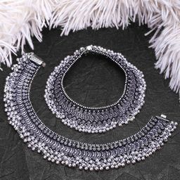 Yellow Chimes 2 PCs German Silver Oxidised Anklets-23