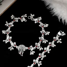 Silvermerc Designs Oxidized Silver-Plated & Red Stone-Studded Anklets-39