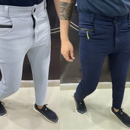 Pack of 2 Men Slim Fit Grey, Blue Lycra Blend Trousers-image-94