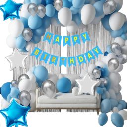 HAPPY BIRTHDAY BALLOONS SKY BLUE,WHITE AND SILVER COLOUR DECORATION COMBO PACK OF 37 METALIC BALLOONS,HBD BANNER,STAR AND TAPE-18
