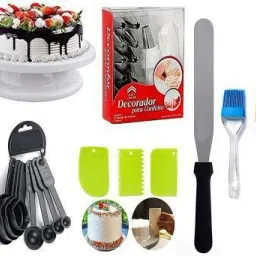 COMBO Cake Turntable & 12 pc Nozzle Set & Spatula, Brush & 8 Measuring Cup & Spoon and Pallet Knife & 3pc Scraper for Cake (Multicolor) Multicolor Kitchen Tool Set (Multicolor) Full Cake Maker Cake Maker-12