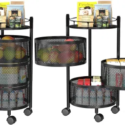 kuber industries 3-Layer Rotating Multipurpose Storage Rack Trolley with Wheels | Black Iron Fruit & Vegetable Basket image 2